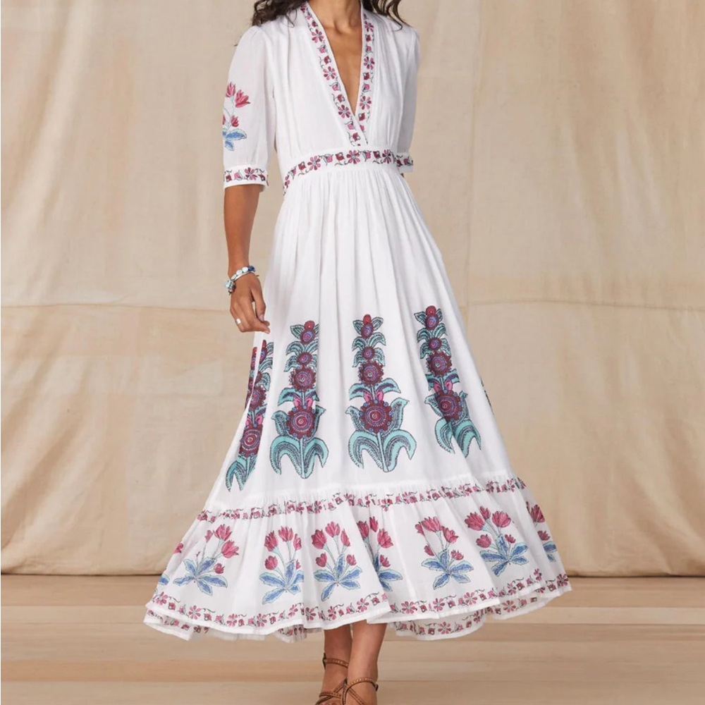 Oliphant White Maxi Dress with Pink & Teal Floral Embroidery